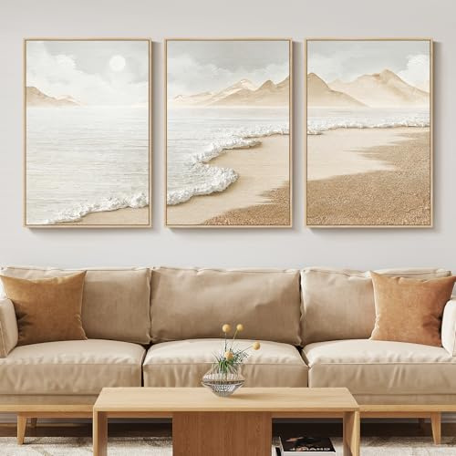 Framed Boho Abstract Beach Wall Art for Living Room, Large Neutral Coastal Canvas Prints Artwork for Walls, Set of 3 Piece Modern Minimalist Ocean Picture Print for Hallway Office Wall Decor, 24x36 In