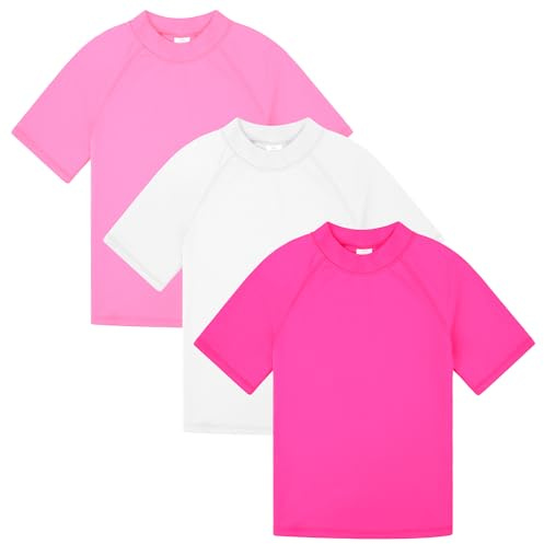 BIG ELEPHANT 3-delad anti-UV-bad/pojke kortärmad baddräkt barn rashguard för surfing simning dykning strand, Röd/vit/rosa rosa, 13-14 år