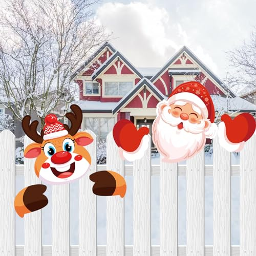 2 Stück Zaun Dekoration Weihnachtszaun Garten Hof Kunst Zeichen Pfähle,Hof Dekorationen Weihnachtsmann Elch Spähen Zeichen Rasen im Freien Zaundekoration für Die Gartendekoration Innenhofdekoration