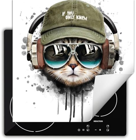 TMK ArtDeko Herdabdeckplatte 60x52 cm Einteilig Herdabdeckung Abdeckplatte für Ceranfeld Abdeckung Induktionskochfeld Aufrollbare Matte - Weiße Katze
