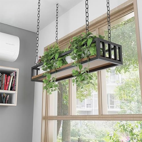 Schwebender Blumentopfständer mit Eisenkette und Holzregal, hängende Dekorationen für Balkon, Bar und Blumenladen (60 x 25 x 15 cm)
