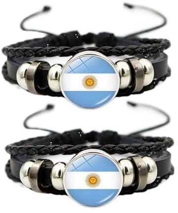 ZENRUIMING 2 pulseras de cuero tejido vintage con la bandera de Argentina, pulsera ajustable con cuentas hecha a mano, pulsera para fanáticos del fútbol y baloncesto, recuerdo de viaje de Argentina,