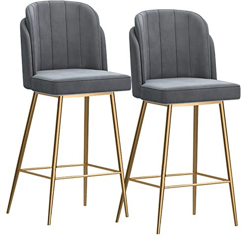 Barhocker aus Samt, 2er-Set, mit Rückenlehne und Fußstütze, moderne Barstühle für Bar, Kaffee, Küche, Wohnzimmer, grau/goldene Beine, bequeme Sitzgelegenheit für Ihre Heimdekoration