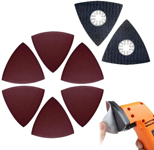 QOCUILC 2 Stück Dreieck-Schleifplatten 80 x 80 mm, Multitool-Schleifteller, mit 6 Schleifpapieren (180er Körnung) - für Holz, Metall, Hartplastik und Putz zum Schleifen und Polieren.