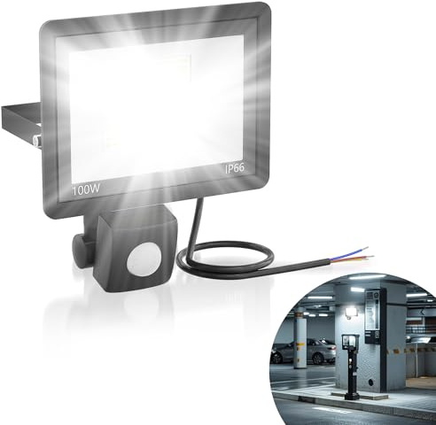 YRHome LED Strahler mit Bewegungsmelder 100W 3500LM Superhell Aussenlampe Fluter Außenleuchte Scheinwerfer Licht IP66 Wasserdicht Außenbeleuchtung für Garage Garten Innenhöfe - Kaltweiß ohne Stecker