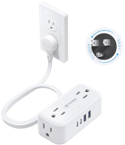 TROND 360° Rotating Flat Plug Power Strip, 5FT Extension Cord with 4 USB Ports, 4 Wide Spaced AC Outlets, Wall Mount, 900J Surge Protector for Office Travel Dorm Room Essentials, White