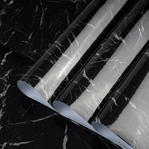 TOTIO 32x157in Ultra-wide Black Marble Vinyl Wrap Dark Granite Effect Vinyl Self Adhesive Wallpaper Glossy Thicken Countertop Contact Paper Peel and Stick Waterproof Oil-Proof Kitchen Worktop Covering
