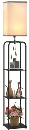 HOMCOM Lampadaire sur pied salon, lampe salon moderne, lampadaire avec étagères, abat-jour en tissu, interrupteur à chaînette pour chambre à coucher, bureau, ampoule non incluse, noir