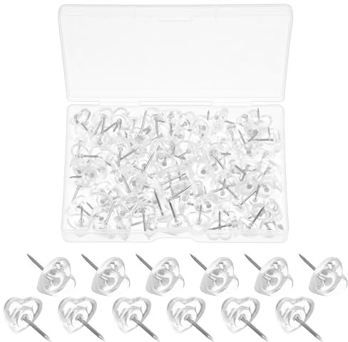 Piriuuo 100 Stück Herzförmige Reißnägel, Süße Herz-Reißzwecken Dekorative Reißnägel Herz Reißzwecken mit Transparenter Aufbewahrungsbox für Fotowände Pinnwände Korkplatten Wanddekoration(Transparent)