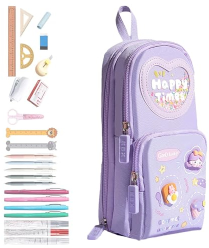 Standing Pencil Case - Mini Pencil Case, Mini School Bag, Large Capacity Pencil Case, Ideal for Girls, School, College, Practical for Organising Pens, Pencils and Others, Cone Girl, see description