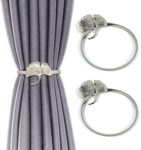 2 stycken gardinkrokar gardinomtag gardiner tillbehör ginkgobladform | Gardin gardinklämmor spännen holdbacks hållare krok klämma för hem sovrum kontor mer dekorativ (silver)