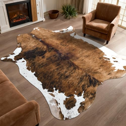 DweIke Faux Cowhide Print Rug for Living Room, 4.6 x 5.2 ft Brown Western Animal Cow Hide Rugs, Non Slip Cool Cow Skin Carpet for Bedroom Dining Room Farmhouse Entrance Home Decor, Brown