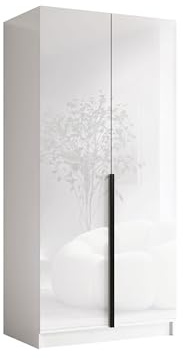 Mirjan24 Kleiderschrank mit Einlegeböden und Kleiderstange Borton I, Vielseitiger Drehtürenschrank, Elegantes klein 2-türig Kleiderschrank (Weiß/Weiß Hochglanz + Schwarz)