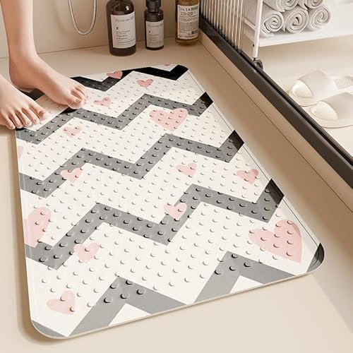Alfombra Ducha 60X90Cm Ondulación Negra Alfombrilla De Baño Antideslizante Rectangular,Tapete Grande De PVC con Ventosas, Ideal para Ancianos, Adultos, Infantil Y Niños