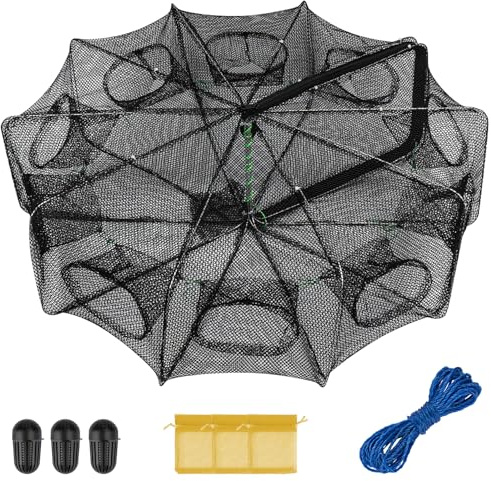 QualyQualy Fishing Bait Trap Crab Net Fishing Trap for Minnow/Crab/Shrimp/Crawdad with Rope, 8/10 Holes Large Space Fishing Net (8 Holes - 1 Pcs, 70 * 25) (10 Holes - 1 Pcs)