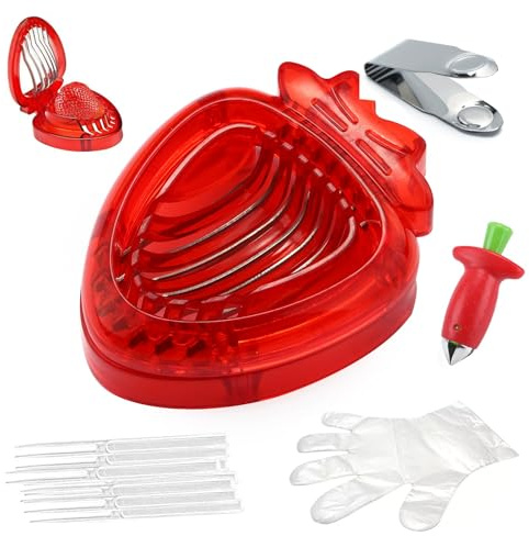 Strawberry Huller & Cutter Tool, 5 Pcs Strawberry Cutter with Gloves