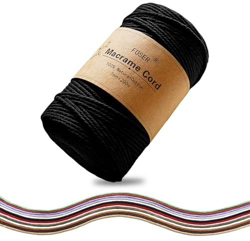 FOSER Premium makramégarn 3 mm x 200 m, bomullsgarn, bomullsgarn, för gör-det-själv dekoration hantverk, boho-väggdekoration (klassiskt svart)