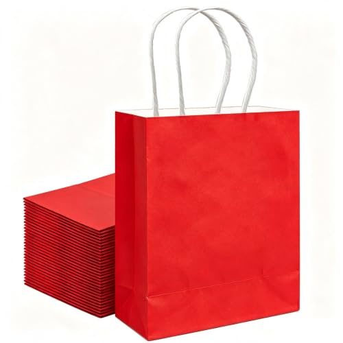 Gcardist 50 Stück Rot Mittlere-Geschenktüten aus Papier mit Henkeln–10.6×8.3×4.3-Tüten Partygeschenktüten für vielfältige Verwendungszwecke