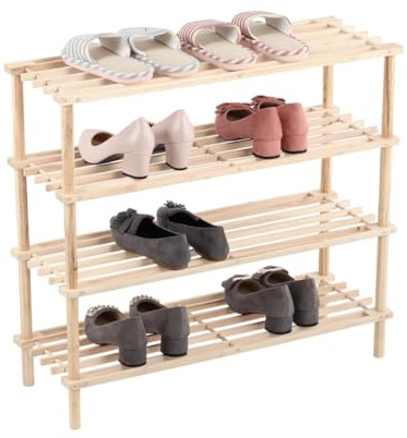 BM Scarpiera in Legno a 4 Ripiani – Portascarpe Salvaspazio, Scaffale Scarpe per Ingresso, Camera da Letto e Corridoio – Design Naturale e Robusto (Legno, 4 Ripiani)