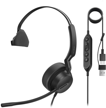 Yealink UH44 Auriculares Mono USB con Cable para PC, micrófono Dual, cancelación de Ruido y Adaptador USB-C/A para Ordenadores, centros de Llamadas y oficinas, con indicador de Estado de Espera