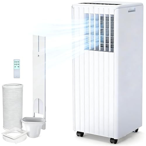 9000 BTU Portable Air Conditioner – 4-in-1 Dehumidifier, Fan, Cooling & Sleep Mode – 2 Speeds, Remote Control with 24H Timer, Mobile AC Unit for Rooms Up to 400 Sq.ft, Window Venting Kit Included