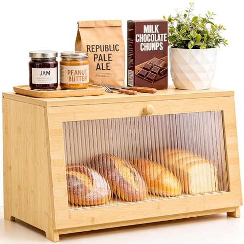 Yirilan Bread Bin, Wooden Bread Bin for Kitchen Counter | Front Opening Large Capacity Bread Box with Window for Bread, Salt and Pepper Mill Keep Fresh (38 × 21 × 23CM,Natural)