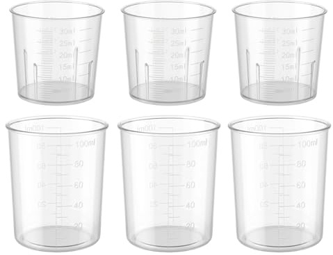 Juego de 6 tazas medidoras líquidas, 1 onza (30 ml) y 3.4 onzas (100 ml), vasos graduados de plástico transparente para mezclar, cocinar, hornear, cocina, manualidades, laboratorio