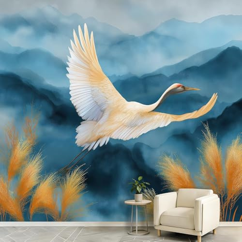 Générique Carta da parati in tessuto non tessuto, con inchiostro lavato, 200 x 140 cm, carta da parati con uccelli volanti montagne, canne, foto panoramiche, decorazione da parete, facile da applicare
