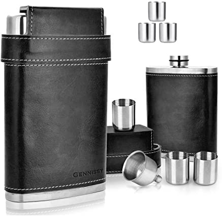 GENNISSY 18/8 Stainless Steel 8oz Flask - Americal Flag Black Leather with 3 Cups and Funnel 100% Leak Proof(Black Without US Flag)