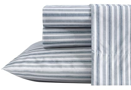 Nautica - Full Size Sheet Sets, Cotton Percale Preppy Bedding, Crisp & Cool, Lightweight & Breathable (Coleridge Stripe Blue, Full)