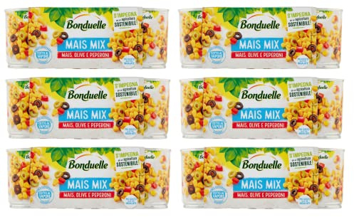 6x Bonduelle Mais Mix Mais Olive e Peperoni Süßer und Knuspriger Mais mit Oliven und Peperoni (3 x 170g)
