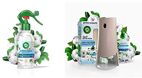 Air Wick Fresh Cotton Odour Neutraliser Bundle | 1 Bottle Room Spray | 1 Aerosol-Free Automatic Air Freshener Kit| 1 Gadget,1 Refill and 2 AA Batteries | 24x7 Active Fresh