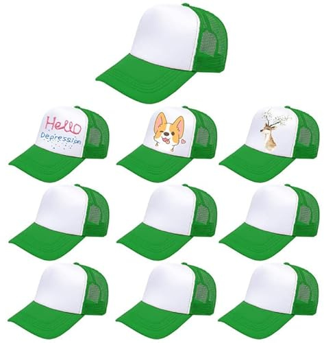 Outink 10 Pack Kids Trucker Hats Boys Girls Colorful Baseball Hats Adjustable Sublimation Blank Mesh Plain Baseball Caps (10Pack-Green White)