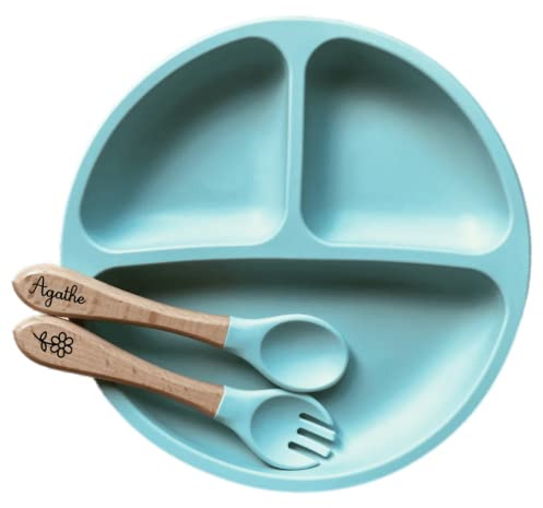 Assiette + couverts pour bébé, enfant personnalisé en bois et silicone, idée cadeau naissance, baptême, noël pour bébé