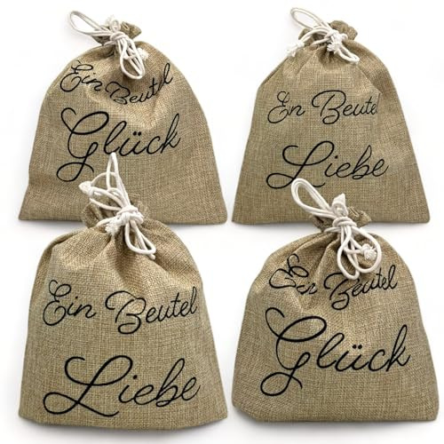 4er Set Geschenkbeutel mit Sprüchen 'Ein Beutel Liebe' & 'Ein Beutel Glück' - Rupfen Gewebt, 100% Polyester, 22,5x26 cm - Perfekte Geschenkverpackung | mit Zugband | Geldgeschenkverpackung