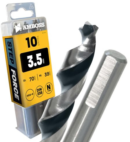 10 punte elicoidali Step Force Ø3.5 mm – HSS-G DIN 338 per acciaio, acciaio da costruzione, alluminio, metalli non ferrosi AMBOSS WERKZEUGE® per lamiere, profilo – esagonale per trapano, trapano a