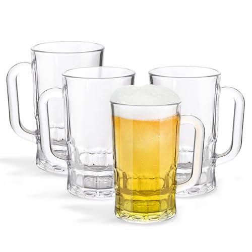 TUSAPAM Beer Mugs Set, 12oz Glass Mugs With Handle, Beer Glasses For Freezer, 355ml Beer Drinking Glasses, Traditional Stein For Bar, Beverages,Coffee, Teas, Set of 4
