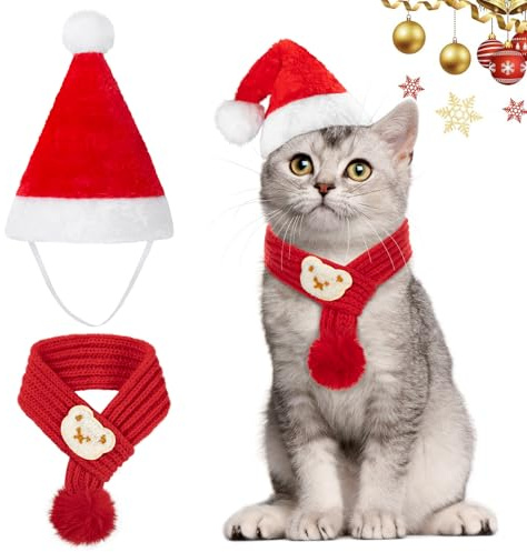 MELLIEX 2 Pièces Costume Chat Chien Noel, Animaux de Compagnie Echarpe Bonnet de Noël, Chat Chien de Deguisement de Noël