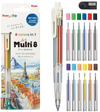 Pentel Art Multi 8 – Mehrfarbiger Minenhalter mit 8 Farbminen + Ersatzminen-Set (XPH804ST)