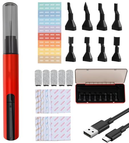 Mini lijadora de sable con 8 tipos de cabezales de lijado, 12 variedades, papel de lija autoadhesivo, 10 luces de control de funciones, lijadora inalámbrica, protección contra sobrecarga, lápiz de