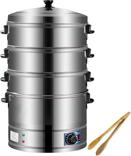 Vaporiera elettrica a 3 piani in acciaio inox con controllo termostatico per riscaldamento automatico, ideale per preparare rapidamente la colazione