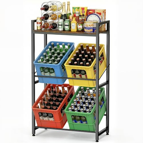 KEMDH Scaffale per 4 cassette con ripiano, robusto scaffale per cassette di bevande e casse di birra, pratico supporto per casse di bevande