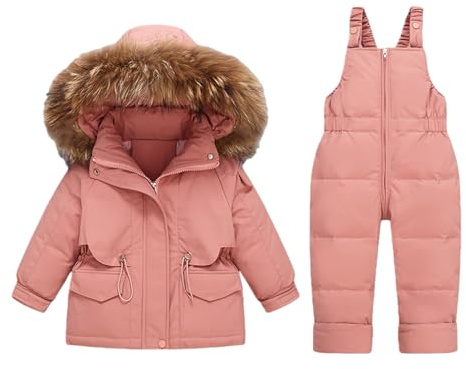 2-delad snödräkt, barn vinter pufferjacka och haklapp snöbyxor ultralätta skidoveraller med huva dunkappa och haklapp byxor outfit set, Röd, 90