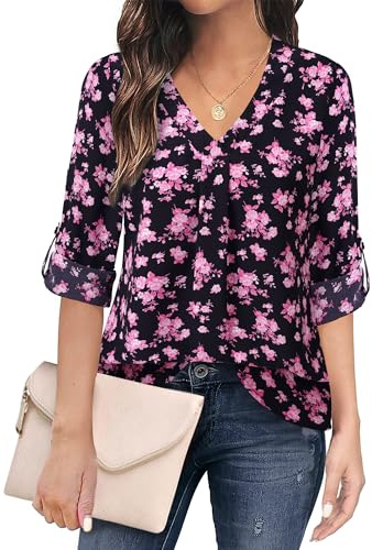 Youtalia Wrinkle Free Spring Business Attire Flowy Dressy Top for Women Wedding Guest Spring Maternity Blouses Office Attire Hide Belly Floral Summer Shirt Boho Cute Tops Black Pink Floral XL
