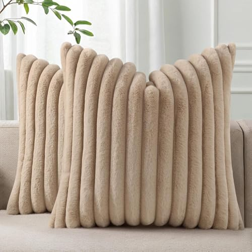 Homaxy Juego de 2 fundas de cojín de piel sintética de 65 x 65 cm, decorativas, suaves, esponjosas, neutrales, a rayas, para sofá, cama, sala de estar, color caqui