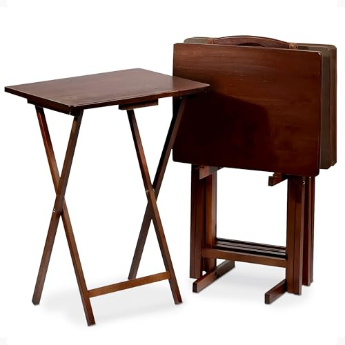 PJ Wood 5-Piece Folding Wooden Table Set, TV Tray Tables with Collapsible Storage Rack, Walnut - Portable and Adjustable Home Furniture for Living Room, Bedroom, and Kitchen