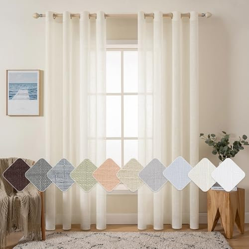 MIULEE 2er Set Voile Vorhang Sheer Leinenvorhang mit Ösen Transparent Leinen Optik Gardine Ösenschal Wohnzimmer Fensterschal Lichtdurchlässig Dekoschal Schlafzimmer 140x145cm (B x H) Hellbeige