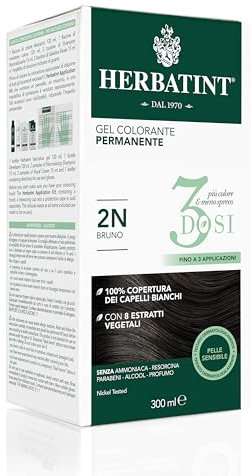 Herbatint Gel Colorante Permanente 3dosi - 300ml, 2N Bruno, Senza Ammoniaca, per Pelli Sensibili, 100% Copertura Capelli Bianchi, con 8 Estratti Naturali Bio