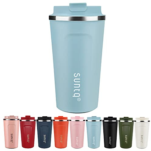 SUNTQ Reusable Coffee Cups Travel - Coffee Travel Mug with Leakproof Lid Stainless Steel Coffee Travel Cup (Light Blue, 18oz/510ml)
