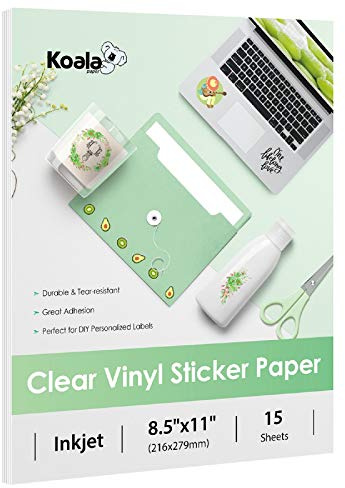 Koala 95% klart klistermärkespapper för bläckstråleskrivare – vattentätt klart utskrivbart vinylklistermärke papper – 20 x 28 cm 15 ark transparent glansigt klistermärkespapper för